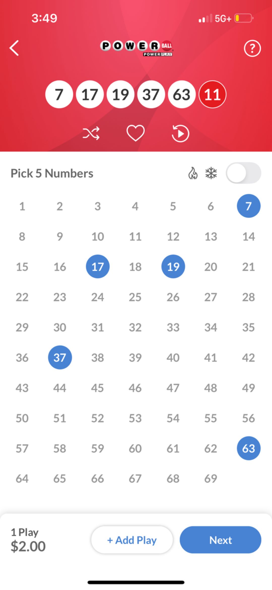 screenshot of mobile app powerball pick numbers