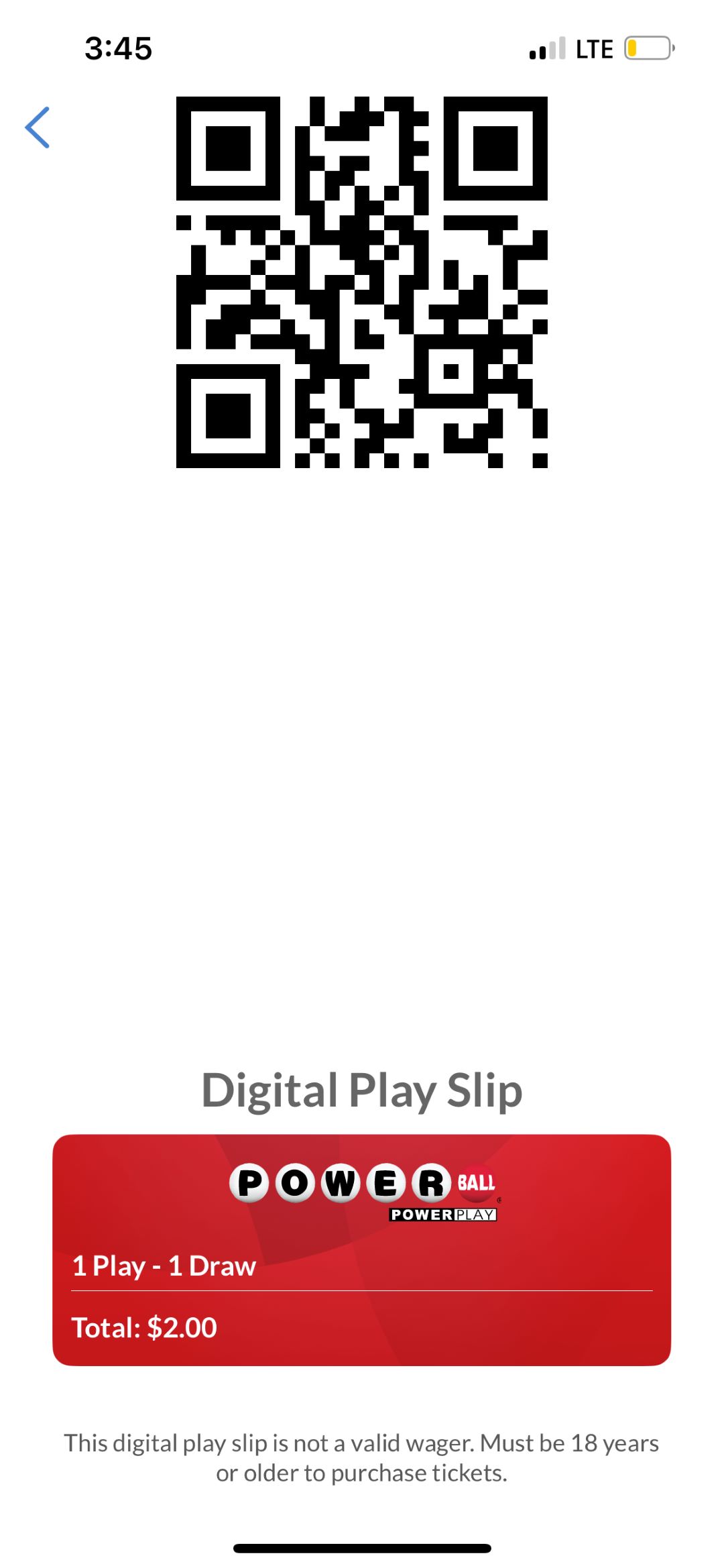 screenshot of mobile app Powerball Digital Play Slip