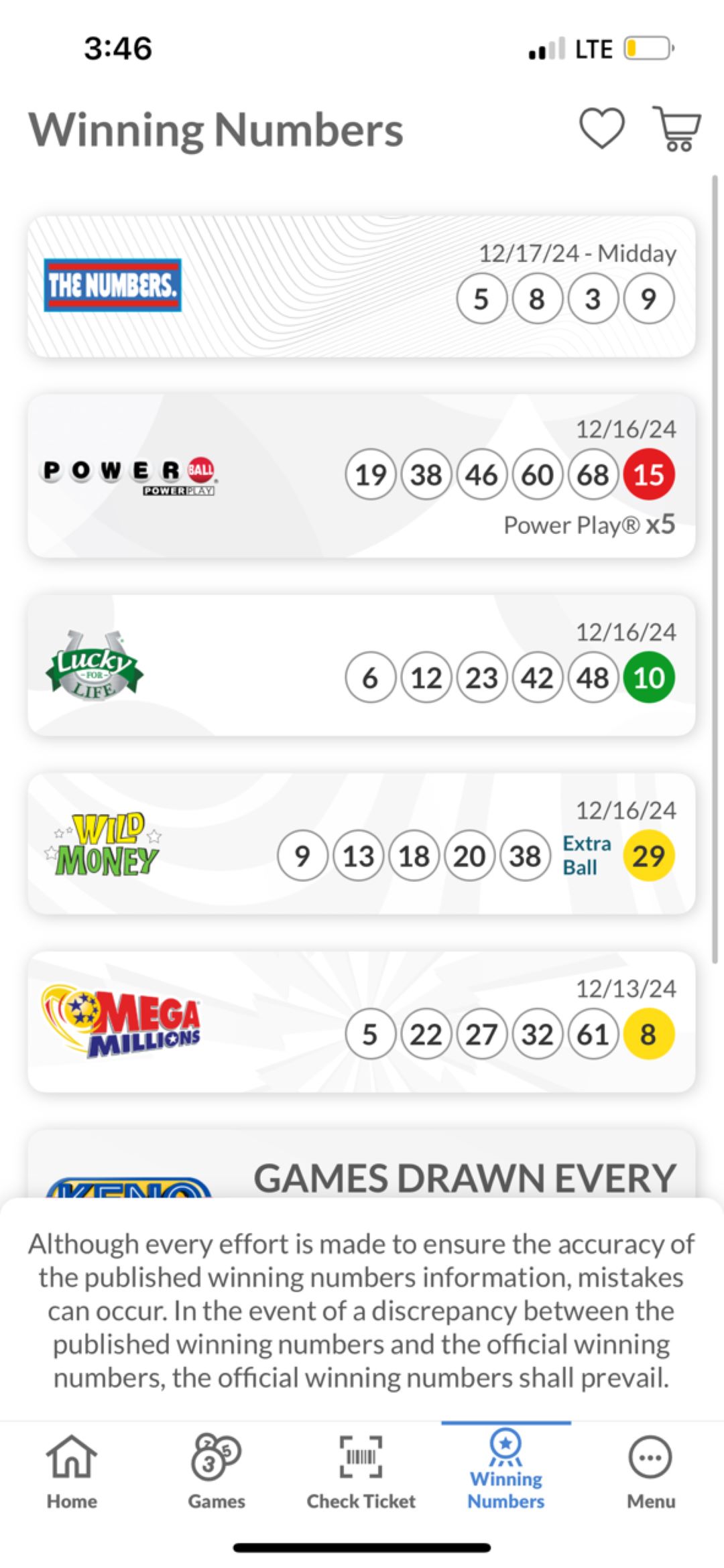 screenshot of mobile app Winning Numbers